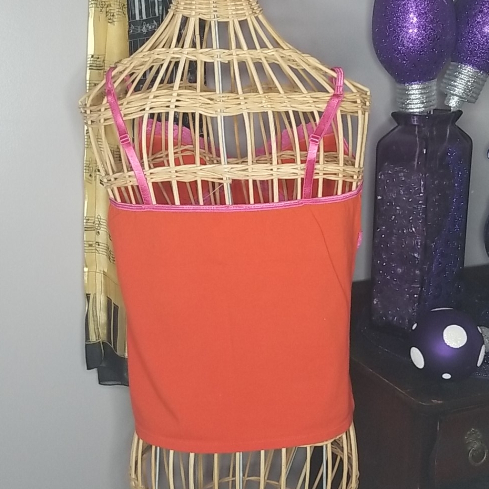 PINK Victoria's Secret Large Orange with Pink Lace Tank Top - Picture 3 of 4